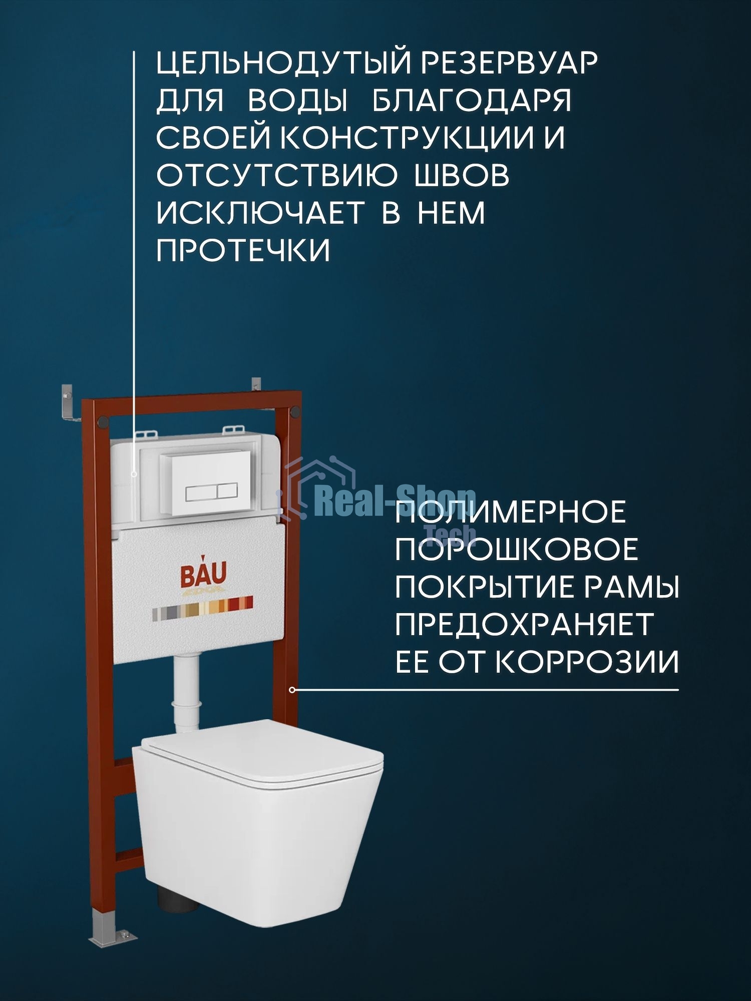 Комплект BAU 6 в 1: инсталляция BAU PRO, унитаз подвесной безободковый торнадо обратного потока Bau Stil Hurricane-2, сиденье дюропласт микролифт, клавиша белая/вставка хром