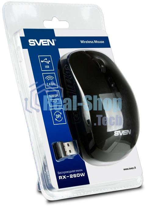 Мышь беспроводная SVEN RX-260W черный, 1600 dpi, радиоканал, USB, кнопки - 4