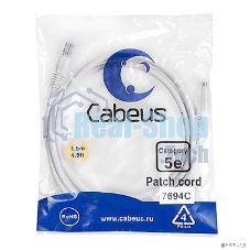 Шнур комм. Cabeus, кат. 5е, неэкр., U/UTP, RJ45/RJ45, PVC, AWG24, 1.5м, белый