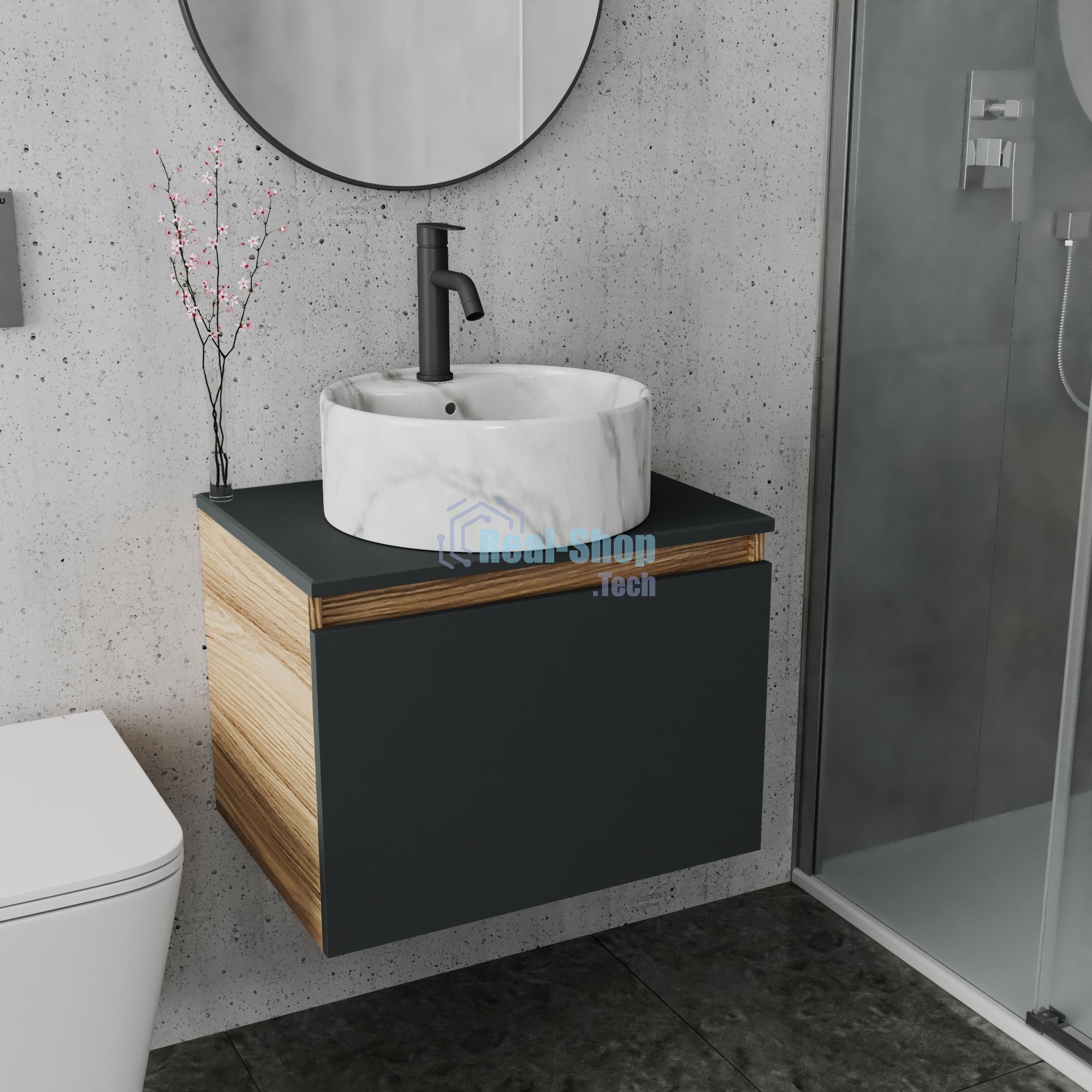 Комплект: тумба Bau Dream Blackwood графит 60, 1 ящик, раковина круглая накладная BAU Element D41, мрамор, смеситель Hotel Dream Black, черный матовый