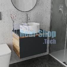 Комплект: тумба Bau Dream Blackwood графит 60, 1 ящик, раковина круглая накладная BAU Element D41, мрамор, смеситель Hotel Dream, нерж сталь