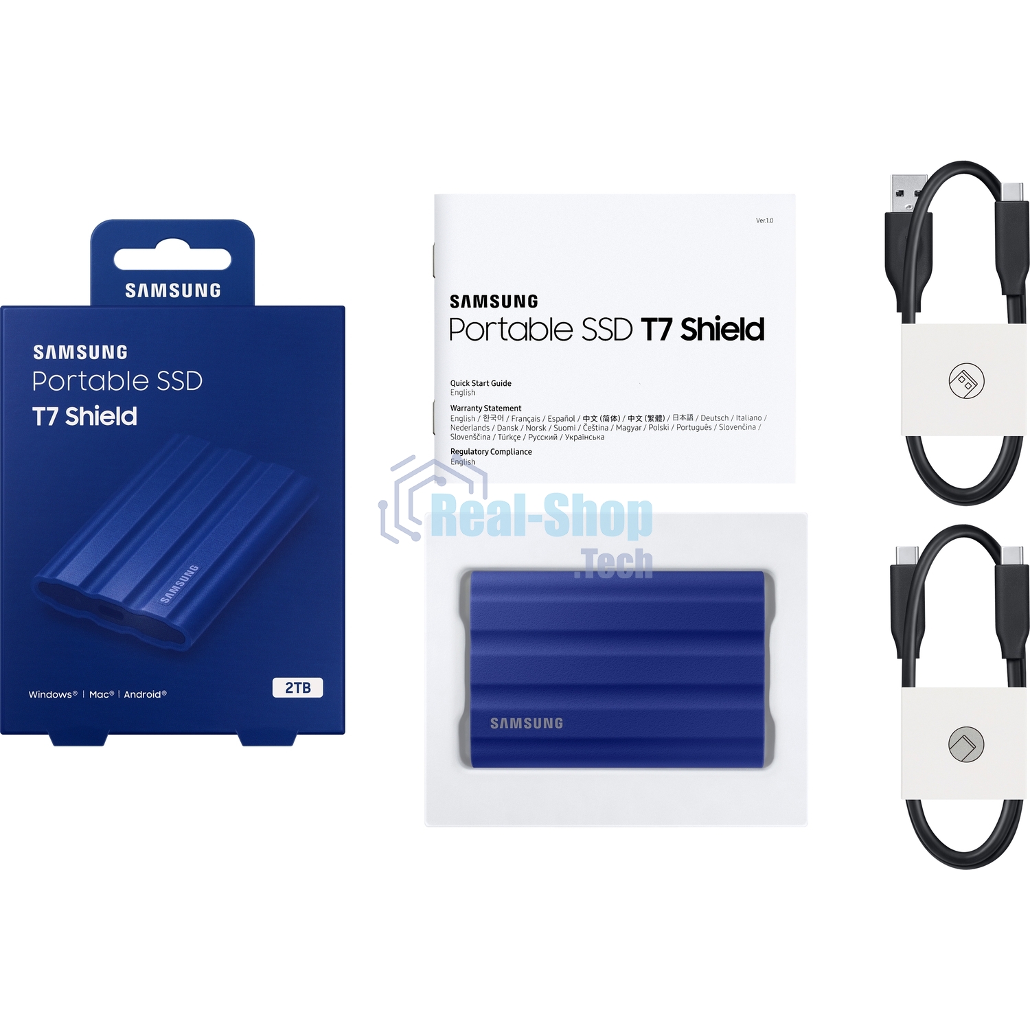 Внешний SSD Samsung T7 Shield, 2TB, USB 3.2 Gen 2 Type-C, R/W 1050/1000, синий