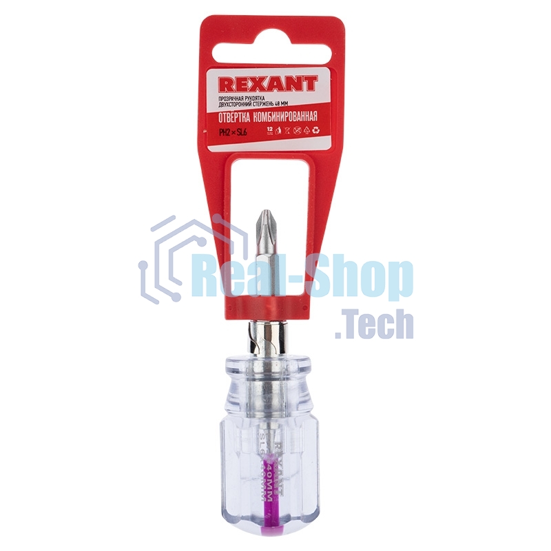 Отверткакомбинированная Rexant, прозрачная рукоятка,двухсторонний стержень 40 мм (крестовая PH 2, шлицевая SL 6 мм)