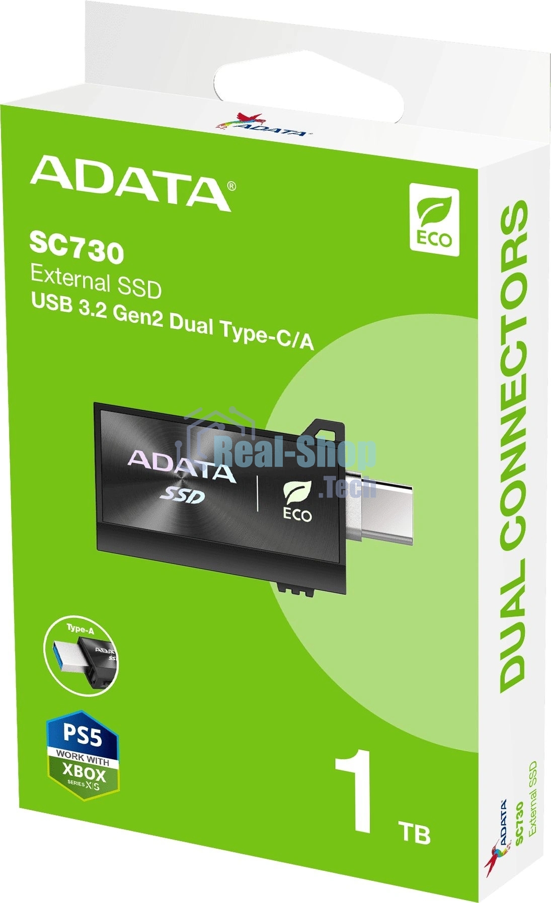 Внешний SSD ADATA SC730, 1TB, USB 3.2 Gen 2 Type-A/Type-C, R/W 600/600, черный