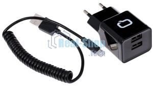 Автомобильное зарядное устройство QUMO 2A, 2 USB, 1A+1A черный, кабель Apple 8 pin в комплекте