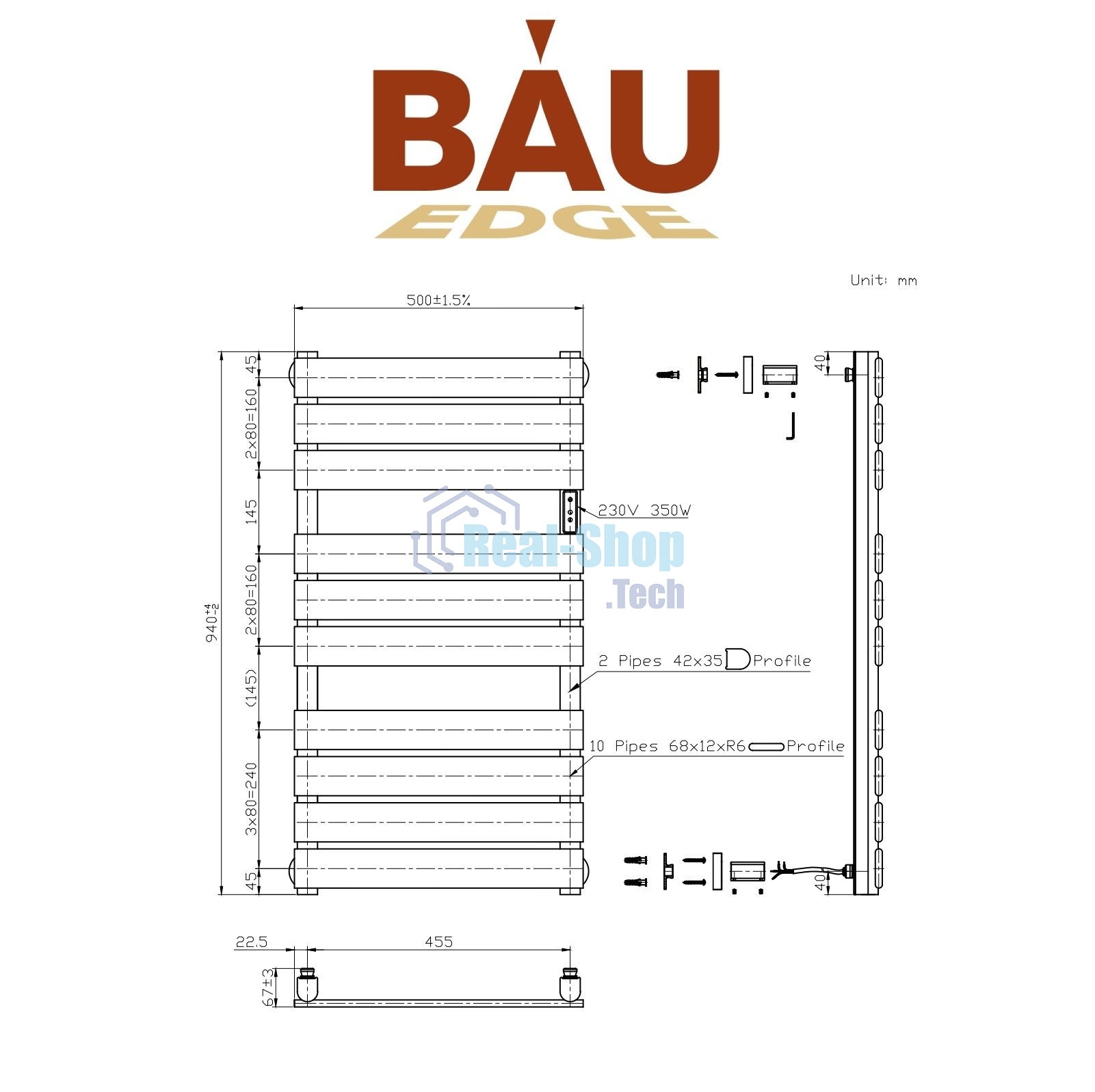 Полотенцесушитель дизайнерский электрический BAU Spectrum Gun Grey 94х50, подключение справа, темно-