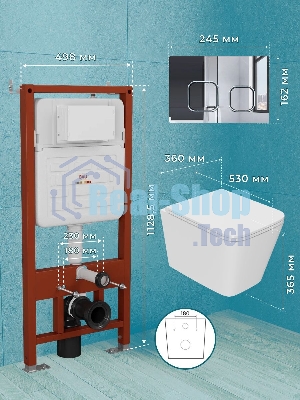 Комплект BAU 6 в 1: инсталляция BAU PRO для подвесного унитаза, унитаз подвесной безободковый вихревой со скрытым сливом Bau Stil Hurricane-5, сиденье быстросъемное микролифт, клавиша BAU Strike, хром