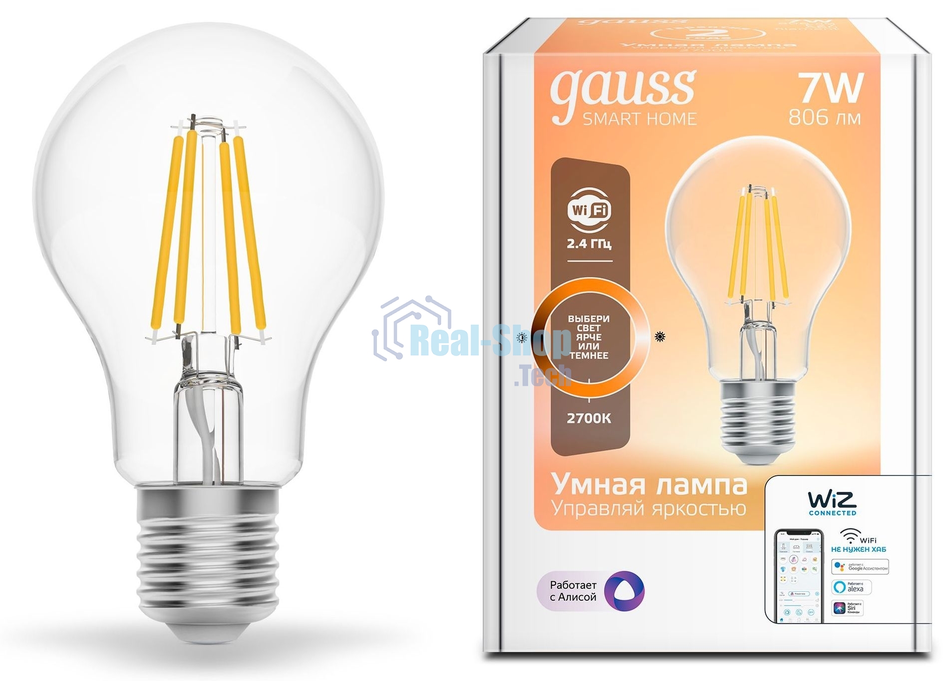 Лампа светодиодная филаментная Gauss Smart Home DIM E27 A60 7 Вт 1/10/40