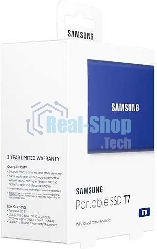 Внешний SSD Samsung T7, 1TB, USB 3.2 Gen 2 Type-C, R/W 1050/1000, синий
