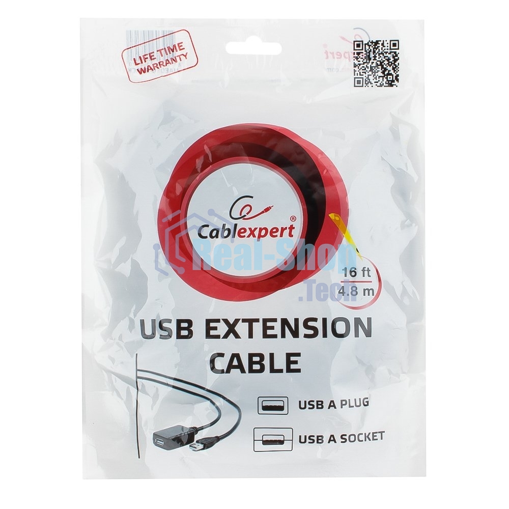 Кабель Gembird USB 2.0 удлинительный, активный 4.8м AM/AF, черный