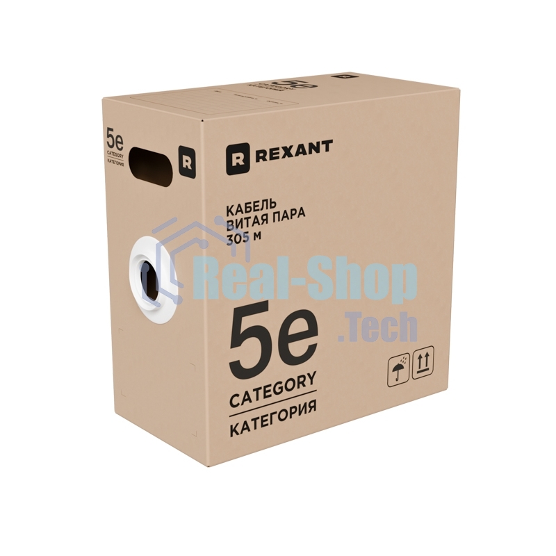 Кабель витая пара Rexant U/UTP, cat.5e, PVC, 4PR, 24AWG, INDOOR, SOLID, серый, 305м, серия LIGHT