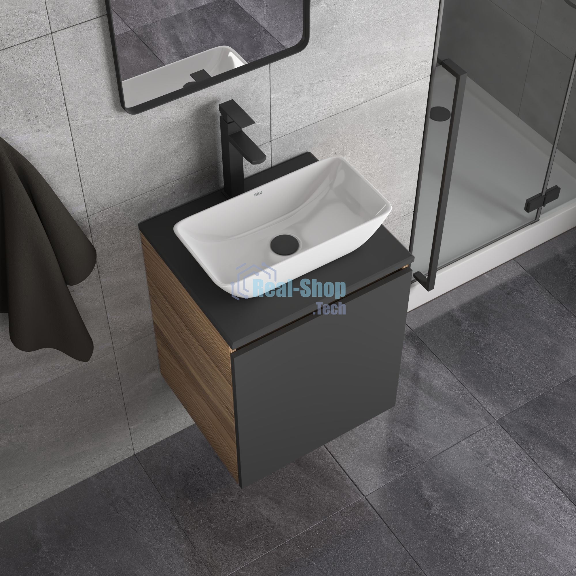 Тумба Bau Dream Blackwood 50 графит, раковина BAU Spectrum mini 47х24 смеситель для раковины высокий Hotel Black, черный, выпуск клик клак, черный