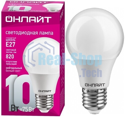 Лампа светодиодная ОНЛАЙТ 71650 OLL-A60-10-230-4K-E27 10 Вт грушевидная 4000К E27 820лм 176-264В белый