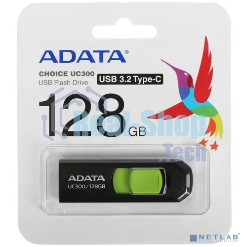 Флешка USB ADATA UC300 (ACHO-UC300-128G-RBK/GN), 128Gb, Type-C USB 3.2, R/W 100/30, черный/зеленый