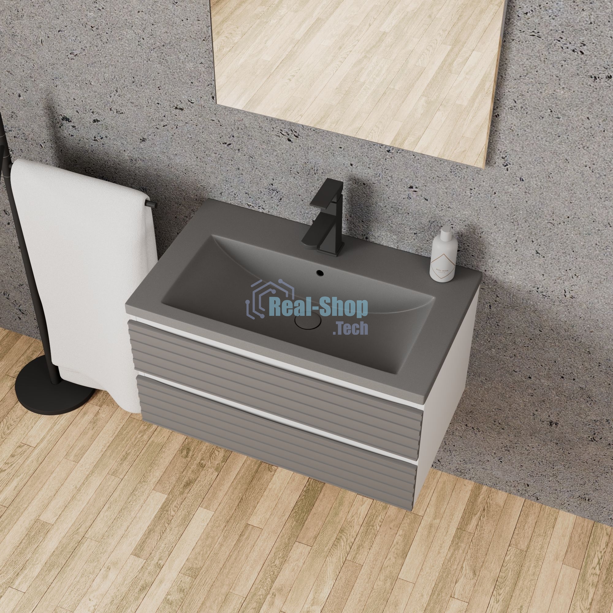 Тумба под раковину Bau Stil Loft grey brushed, раковина кварцевая BAU Stil 75, серый металлик