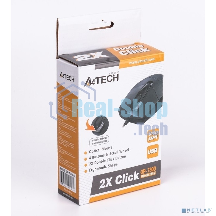 Мышь проводная A4Tech OP-730D черный, 1200 dpi, USB, кнопки - 4
