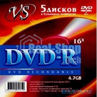 Диск DVD+R VS 4.7 Gb, 16x, Конверт (5), (5/250)