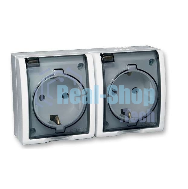 Розетка SIMON 15 Aqua 1594433-030 2-я с заземлением белая с крышкой наружная IP54