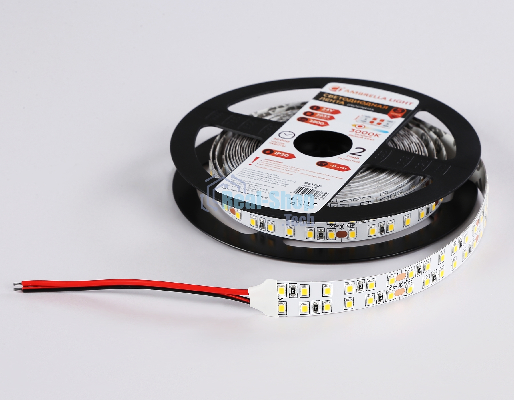 Светодиодная лента Ambrella light GS3701 2835 240Led /24W m/ 24V IP20 3000K/ 5000*14*1.2mm (2 конт.)