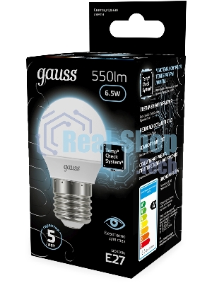 Лампа светодиодная Gauss 6.5Вт цок.: E27 шар 220B св. свеч. бел. нейт. P45 (упак.: 10 шт)