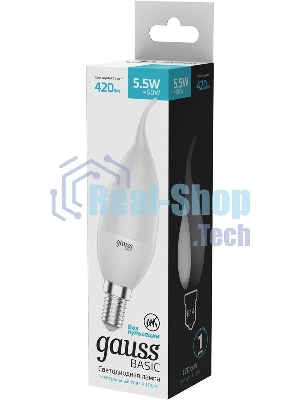 Лампа светодиодная Gauss Basic 1034116 5.5Вт цок.: E14 свеча 180B 3000K св. свеч. белый. теп. (упак.: 10 шт)