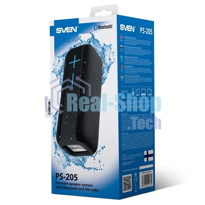 Акустическая система 2.0 SVEN PS-205, черный мощность 2x6 Вт (RMS), Waterproof (IPx6), TWS, Bluetooth, FM, USB, microSD, встроенный аккумулятор