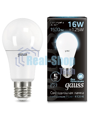 Лампа светодиодная Gauss A60 16Вт цок.: E27 груша 220B 4100K св. свеч. бел. нейт. (упак.: 10 шт)