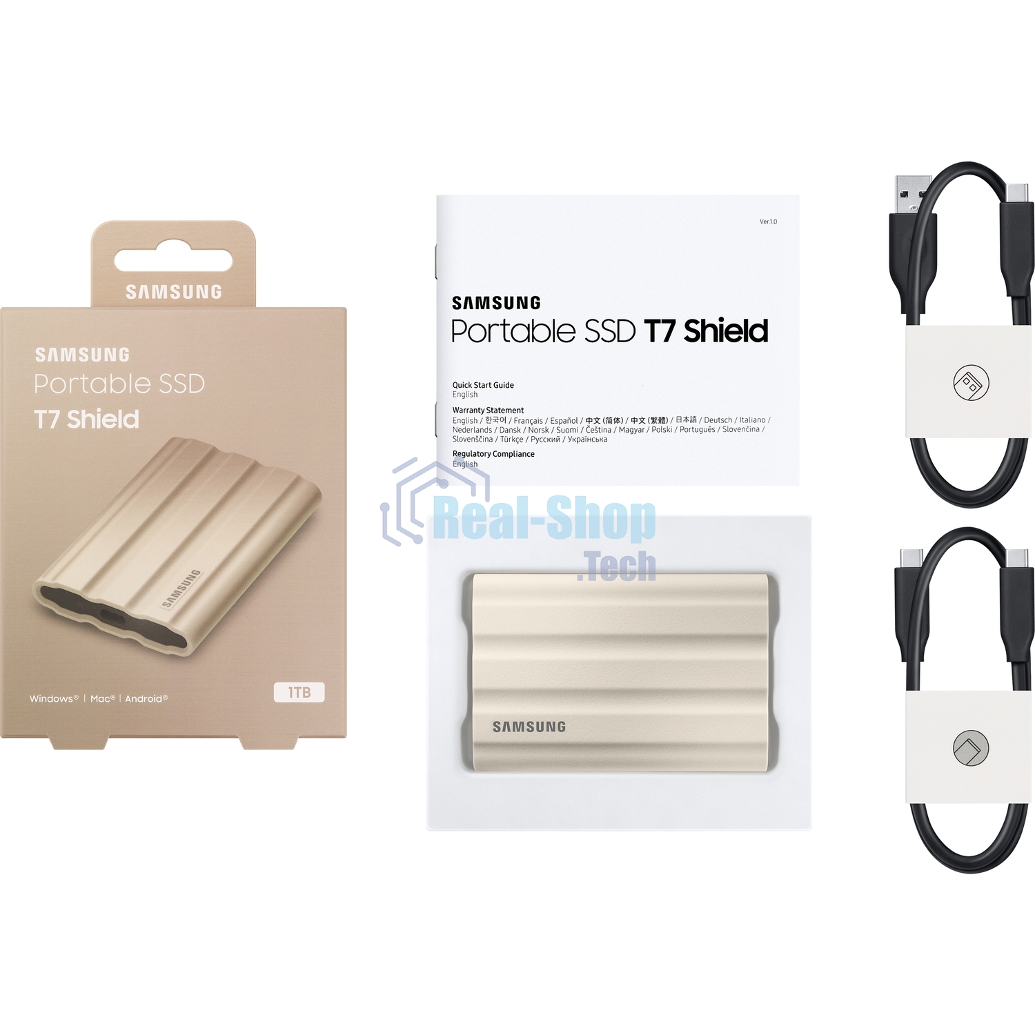 Внешний SSD Samsung T7 Shield, 1TB, USB 3.2 Gen 2 Type-C, R/W 1050/1000, бежевый