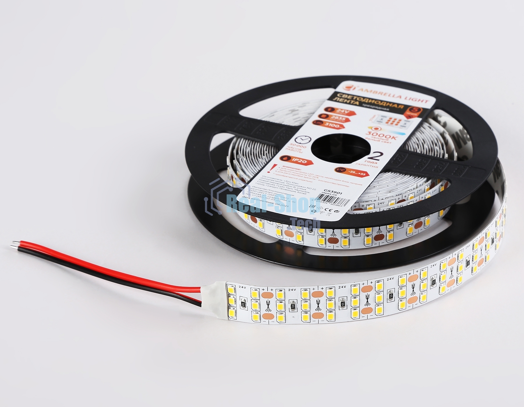 Светодиодная лента Ambrella light GS3901 2835 324Led/ 26W m/ 24V IP20 3000K/ 5000*18*1.2mm (2 конт.)