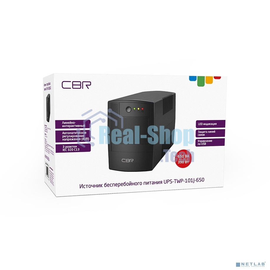 Источник бесперебойного питания CBR UPS-TWP-101J-650 / 650ВА / 390Вт / IEC 320 C13 x3 / USB Type-B / RJ11