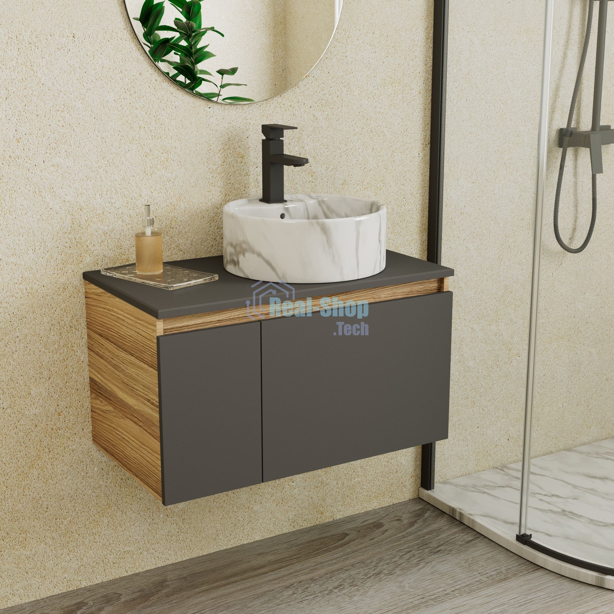 Комплект: тумба подвесная Bau Dream Blackwood графит 80, 1 ящик, дверца слева, раковина круглая накладная BAU Element D41, мрамор, смеситель Hotel Black, черный матовый