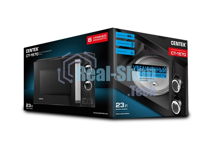 Микроволновая печь Centek CT-1570 черный, 23 л, 900 Вт, переключатели - поворотный механизм