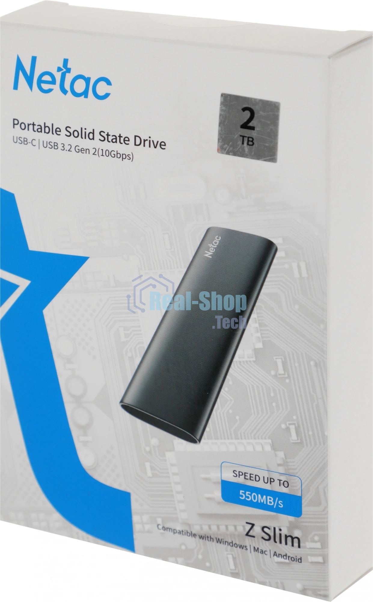 Внешний SSD Netac Z SLIM, 2TB, USB 3.2 Gen 2 Type-C, R/W 550/480, черный