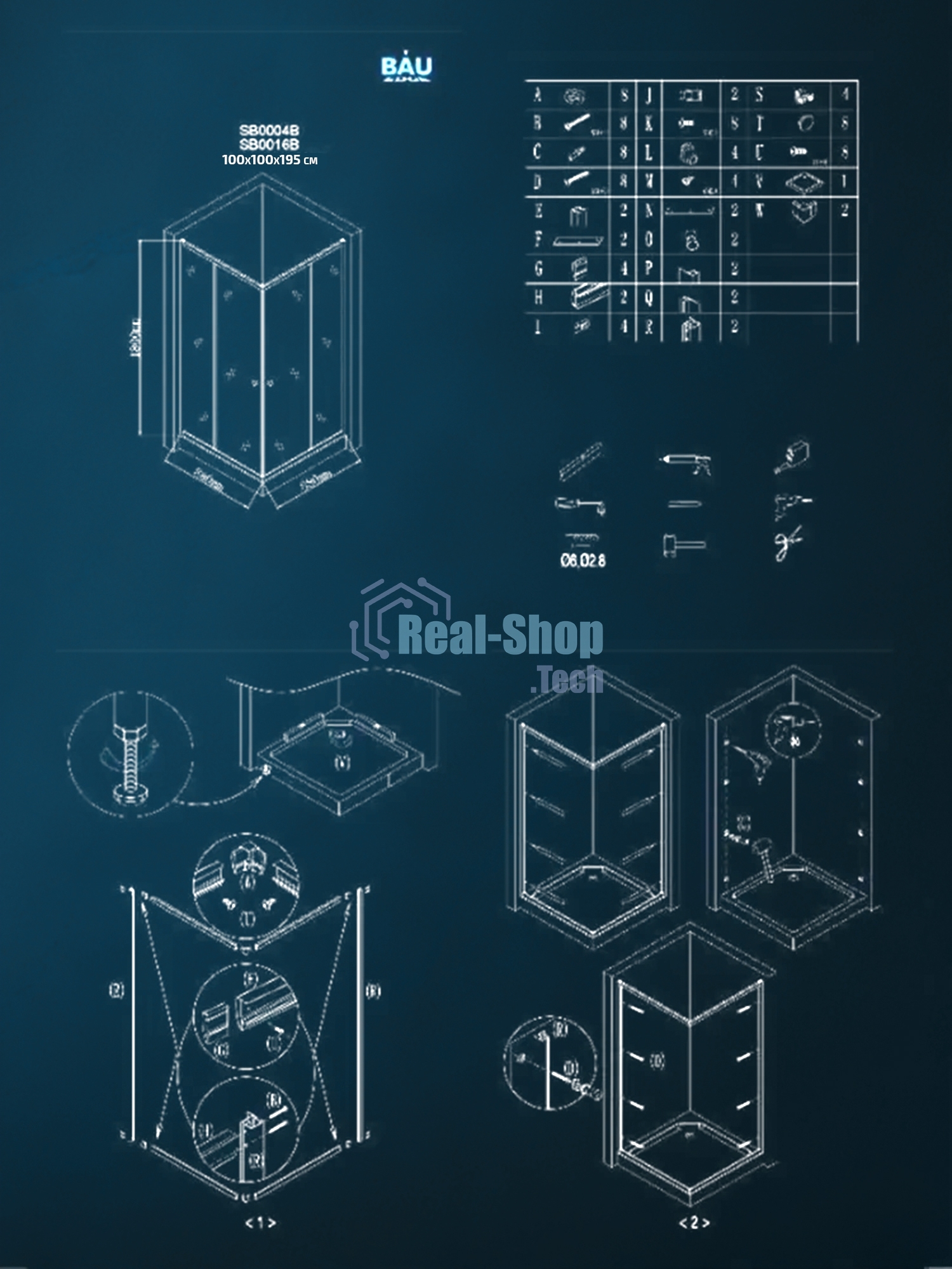 Душевой уголок BAU Stil квадратный с поддоном 100x100х195, прозрачное закаленное стекло с черным рис