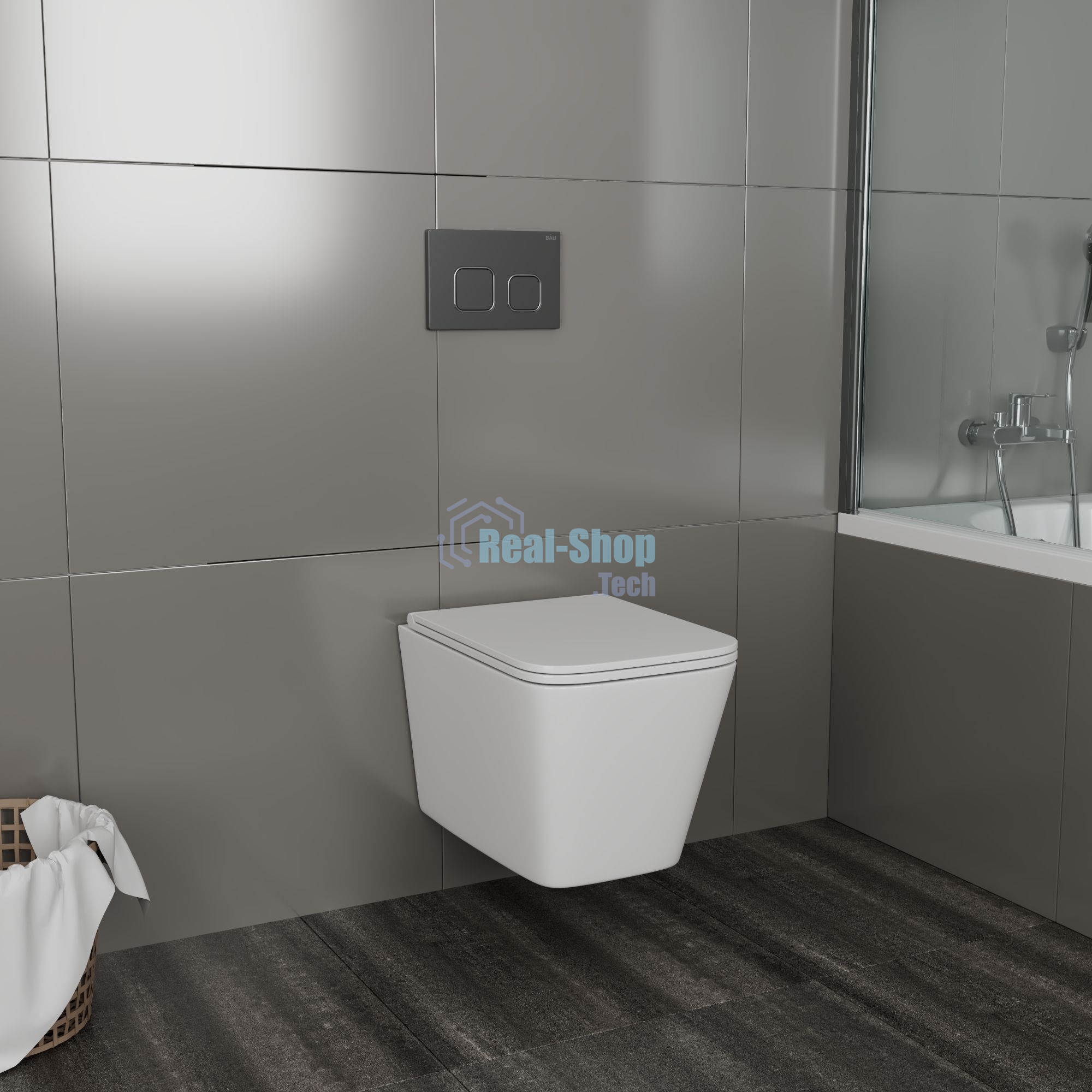 Комплект BAU 6 в 1: усиленная инсталляция BAU IDEAL, унитаз подвесной безободковый торнадо обратного потока Bau Hurricane-2, сиденье дюропласт микролифт, клавиша BAU,темно-серый металлик
