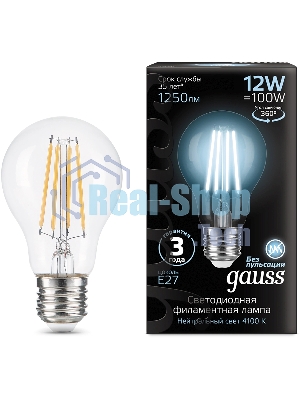 Лампа cветодиодная Gauss Filament А60 12W 1250lm 4100К Е27 LED 1/10/40