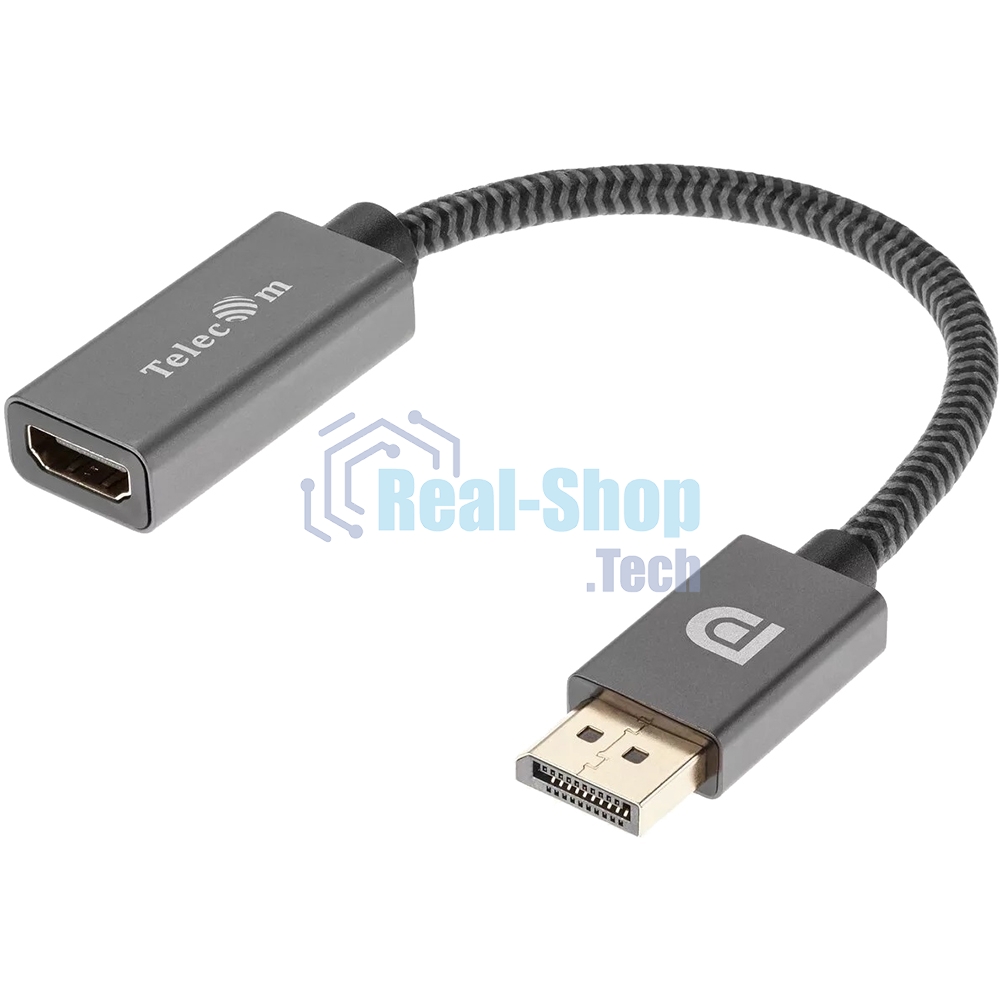 Кабель-переходник DP --> HDMI-F 0.2m, серый металлик, оплетка, 4K@60Hz, Telecom (TA560)
