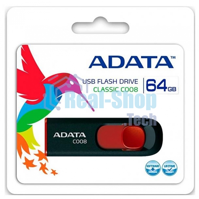 Флешка USB ADATA С008 (AC008-64G-RKD), 64Gb, USB 2.0, R/W 15/5, черный/красный