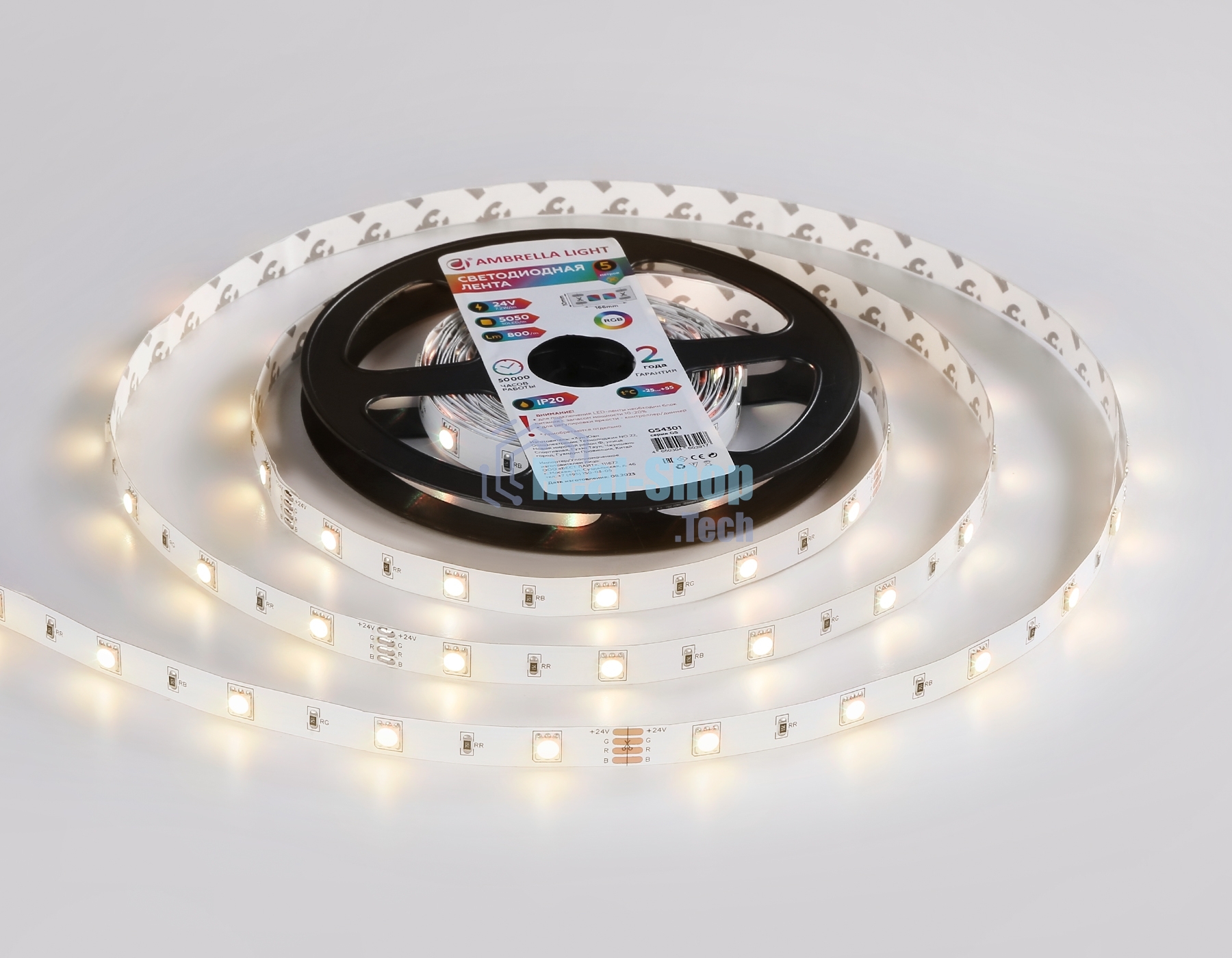 Светодиодная лента Ambrella light GS4301 5050 30Led/ 7.2W m/ 24V IP20 RGB/ 5000*10*1.87mm (4 конт.)