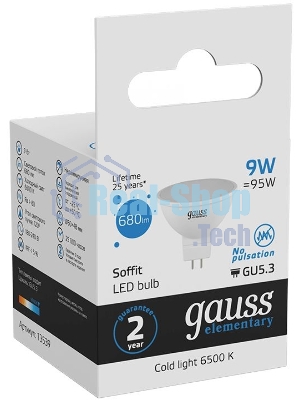 Лампа светодиодная Gauss Elementary MR16 9Вт цок.: GX5.3 спот 220B 6500K св. свеч. белый хол. MR16 (упак.: 10 шт)