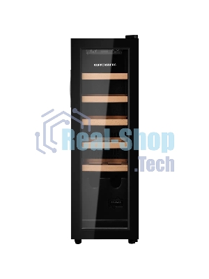 Винный шкаф Kuppersberg RSW 81, отдельностоящий, High-Tech, объем 45 л, вместимость 12 бутылок, диапазон температуры 5-20 градусов, механическое открытие двери, 5 полок из бука, LCD дисплей, уровень шума 38 дБ, черный
