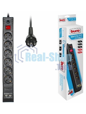 Сетевой фильтр Buro BU-SP3 USB 2A-B 3 м, 6 розеток, черный, коробка