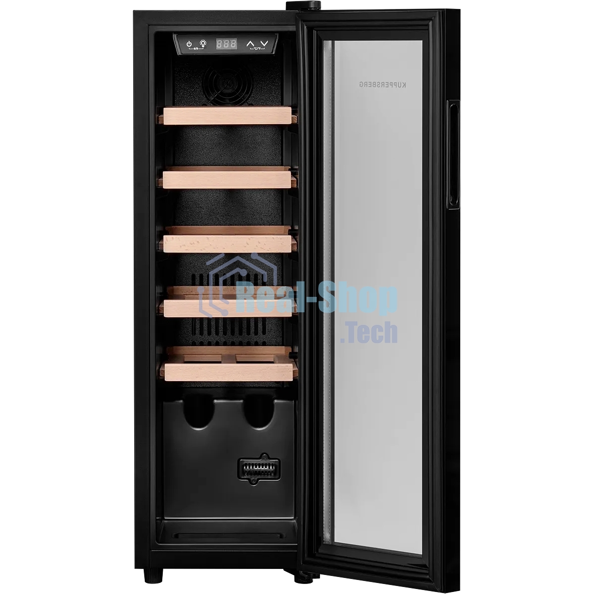 Винный шкаф Kuppersberg RSW 81, отдельностоящий, High-Tech, объем 45 л, вместимость 12 бутылок, диапазон температуры 5-20 градусов, механическое открытие двери, 5 полок из бука, LCD дисплей, уровень шума 38 дБ, черный