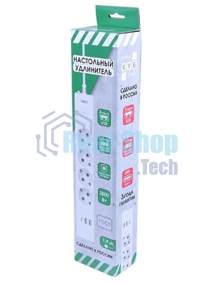 Бытовой удлинитель PowerCube, 4 р с/з вык., 3USB, 3500 Вт, 16А, 1.9 м, 3x1,0 (белый) PC-6-2M