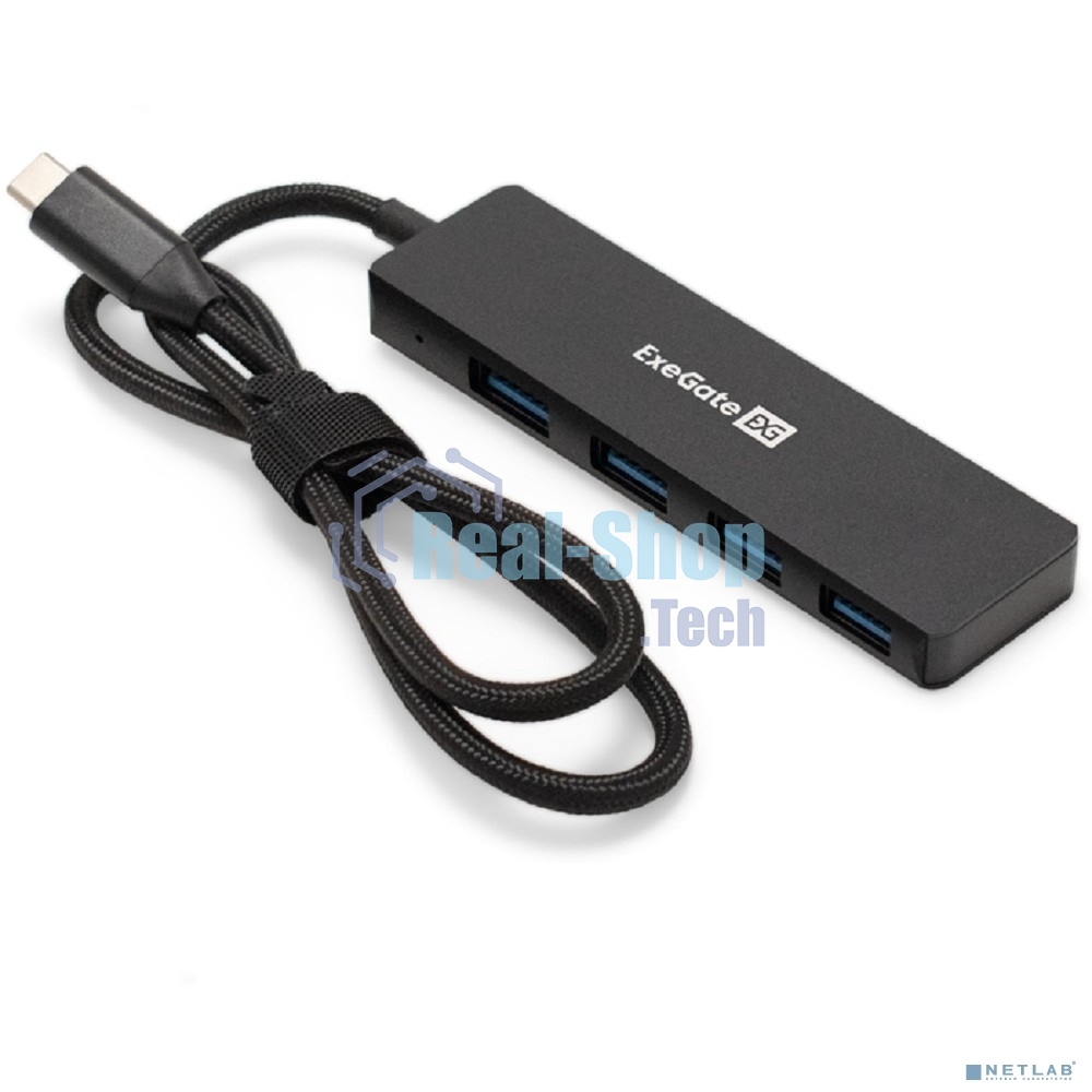 USB-концентратор 4-в-1 ExeGate DUB-4C/3 (кабель-адаптер USB Type C --> 4xUSB3.0, Plug&Play, черный)