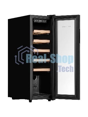 Винный шкаф Kuppersberg RSW 81, отдельностоящий, High-Tech, объем 45 л, вместимость 12 бутылок, диапазон температуры 5-20 градусов, механическое открытие двери, 5 полок из бука, LCD дисплей, уровень шума 38 дБ, черный