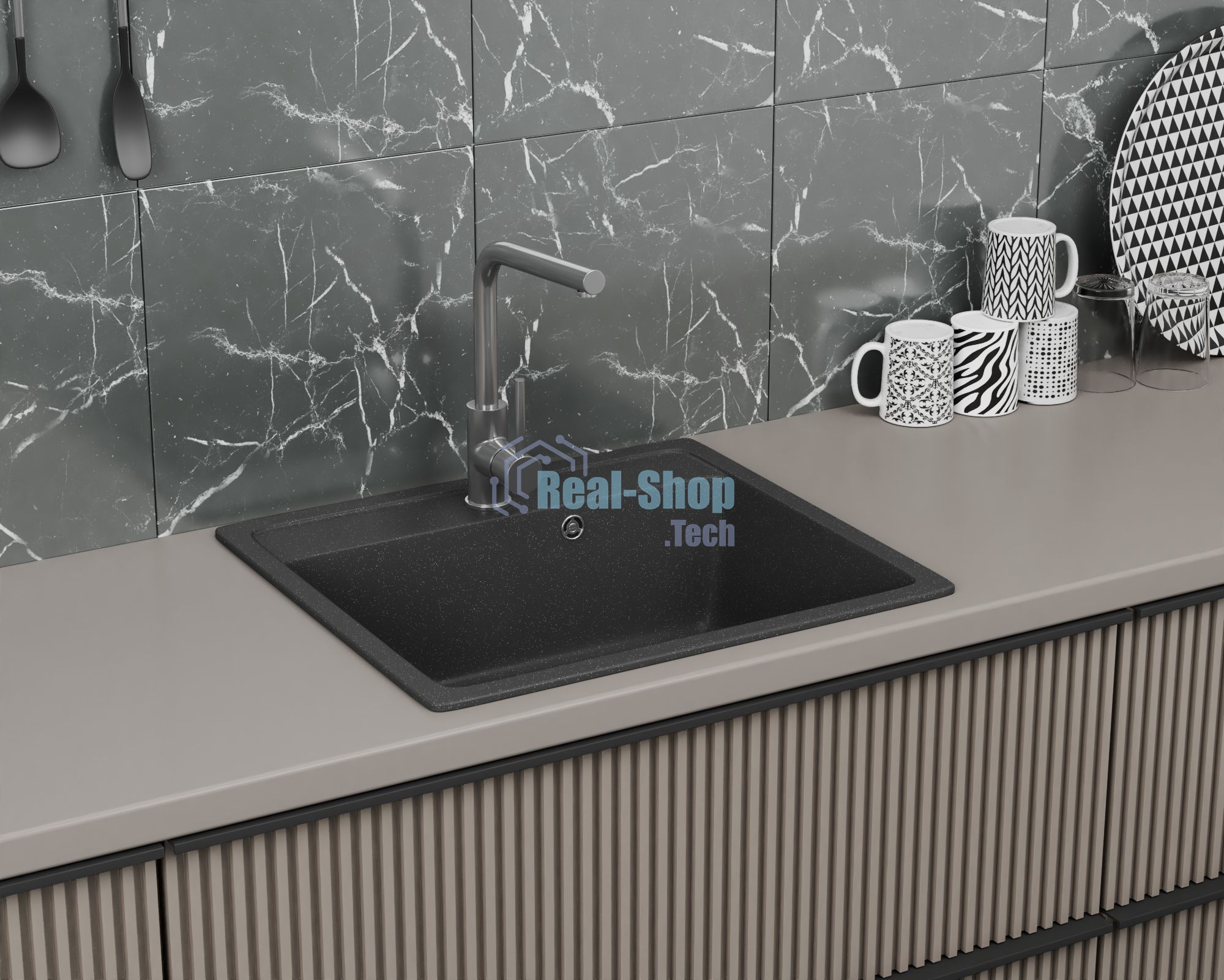 Мойка для кухни BAU Stil Black stone 56х50, выпуск с сифоном в комплекте, черный камень