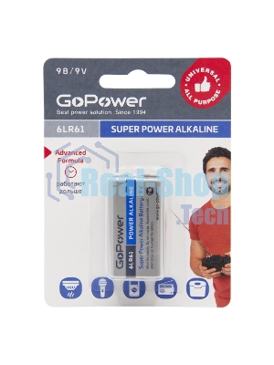 Батарейка GoPower Крона 6LR61 BL1 Alkaline 9V (1/10/240)