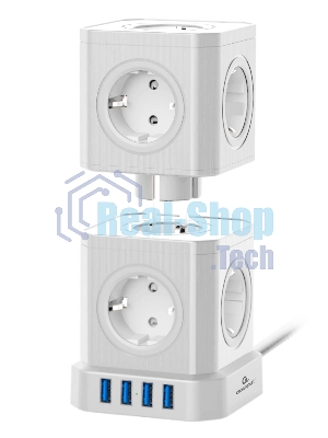 Сетевой фильтр Cablexpert Tower TWR-9-U4-W-2, 9 р, 16А, 4хUSB, 3.1А, 2 м, ур.защиты 4+, белый, коробка