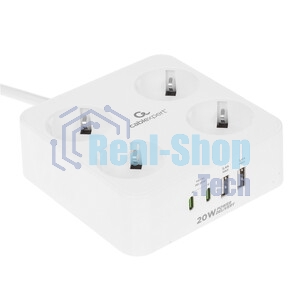 Сетевой фильтр Cablexpert Plate, PLT-4-C2U2-W-3, 4р, 10А, 2xType-C PD, 20Вт, 2xUSB, 2.4A, 3 м, ур. защиты 4+, белый, коробка